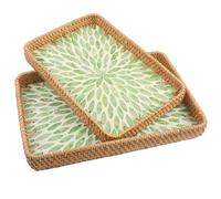 YiYa Lot de 2 Bandeja de Ratán para Servir Bandeja de Cesta Tejida Rectangular con Incrustaciones de Nácar Cesta de Mimbre Decorativa para Café, Dolor, Frutas, Bougies