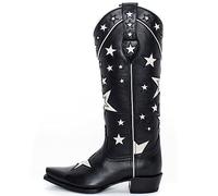 YIYA Women's Star Cowboy Boots Black and White Cowgirl Boots with White Stars Pointed Toe Chunky Low Heel Pull-On Wide Calf Western Embroidered Boots