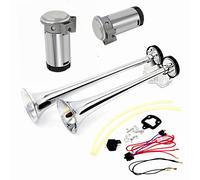 YIYDA Cuerno de aire Bocina de coche 165db Corneta de aire Tono alto y bajo 24V doble tubo Trompeta Camión Bocina Plateada cromo zinc Car Horn con dos bombas de aire de compresor para 24V coche barco