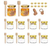 Yiyifor Mini Tarros de Miel, 10 Piezas 35ml Tarros de Miel de Cristal,con Cucharones de Madera,Tapas Doradas,Colgantes de Abeja,Yute,Circular Dispensador de Miel,para Regalos,para Fiestas de Boda