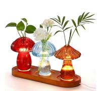 Yiyiring Estaciones de propagación de plantas de hongos de cristal, 3 jarrones de flores de hongos, base de madera con plantas de interior ligeras, jarrón de ventana, jarrón de vidrio pequeño, macetas