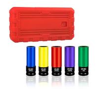 YIYITOOLS Juego de 5 llaves de vaso de tuerca de 1/2 pulgada, llaves de impacto profundo de pared delgada codificadas por colores, métricas de 17 mm/19 mm/21 mm y SAE 13/16 pulgadas/7/8 pulgadas