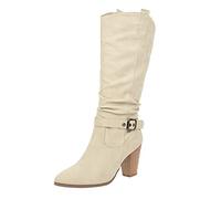YIzdegg Botas altas por la rodilla con tacón de bloque, botas largas de caña ancha, botas de punta puntiaguda, botas anchas, botas de transición cálidas, elegantes botas de invierno, beige, 38 EU
