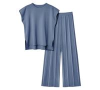 YIzdegg Conjunto de chaleco casual para mujer Top y pantalones de color sólido de punto dos conjuntos Conjuntos suéter de punto dos traje pantalones de chándal conjunto de mujer, azul, XL