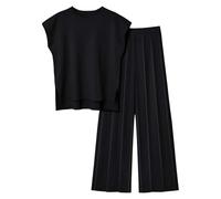 YIzdegg Conjunto de chaleco casual para mujer Top y pantalones de color sólido de punto dos conjuntos Conjuntos suéter de punto dos traje pantalones de chándal conjunto de mujer, Negro , S