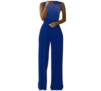 YIzdegg Elegante mono de mujer para boda, pantalones largos de pierna ancha, cintura alta, elegante, de una pieza, para fiestas, pierna ancha, traje de pantalón, con bolsillos, azul, L