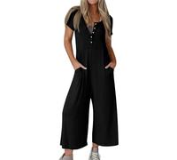 YIzdegg Mono de mujer con cuello en V ajustable con bolsillos de algodón y lino de verano de manga corta de pierna ancha elegante pelele suave y transpirable con tirantes bodycon, Negro , XL