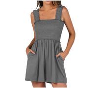 YIzdegg Mono de verano para mujer, de tirantes cortos, de una pieza, cuello cuadrado, sin mangas, traje de playa fluido, con bolsillos, elegante, monocolor, cómodo, elástico, transpirable, vestido de