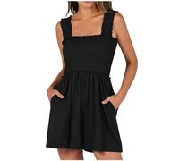 YIzdegg Mono de verano para mujer, de tirantes cortos, de una pieza, cuello cuadrado, sin mangas, traje de playa fluido, con bolsillos, elegante, monocolor, cómodo, elástico, transpirable, vestido de
