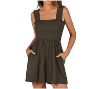 YIzdegg Mono de verano para mujer, de tirantes cortos, de una pieza, cuello cuadrado, sin mangas, traje de playa fluido, con bolsillos, elegante, monocolor, cómodo, elástico, transpirable, vestido de