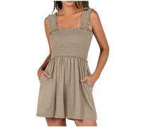 YIzdegg Mono de verano para mujer, de tirantes cortos, de una pieza, cuello cuadrado, sin mangas, traje de playa fluido, con bolsillos, elegante, monocolor, cómodo, elástico, transpirable, vestido de