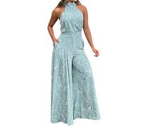 YIzdegg Mono sexy con cuello halter para mujer, sin mangas, informal, elegante, con bolsillos, estampado floral, traje de pantalón suave y transpirable, Bu2., S