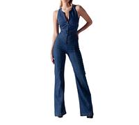 YIzdegg Mono vaquero elegante para mujer, corte ajustado, sin mangas, cuello en V, cremallera, pelele vaquero, pantalón largo, sin espalda, moderno, mono, azul, M