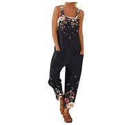 YIzdegg Peto de verano para mujer, pantalones de trabajo con bolsillos, estampado de flores coloridas, tirantes finos, mono de verano, sin mangas, holgado, mono vaquero, cómodo, elástico, transpirable