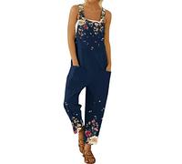 YIzdegg Peto de verano para mujer, pantalones de trabajo con bolsillos, estampado de flores coloridas, tirantes finos, mono de verano, sin mangas, holgado, mono vaquero, cómodo, elástico, transpirable