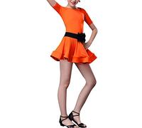 YIzdegg Vestido de ballet latino para niña, vestido de fiesta, danza, bailar, trajes de baile, 3 piezas, vestido con cinturón, niños niñas 128, naranja, 13-14 años