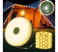 Yizhet Cadena de Luces para Camping 2 en 1, 10M 100 Led Blanco Cálida, 9 Modos, con Mando, Impermeable IPX4, Luz de Campamento Enrollable Recargable USB C para Acampar Patio Tienda Jardín