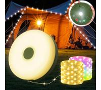 Yizhet Cadena de Luces para Camping 2 en 1, 10M 100 Led Blanco Cálida y Coloridas, 9 Modos, con Mando, Impermeable IPX4, Luz de Campamento Enrollable Recargable USB C para Acampar Patio Tienda Jardín