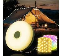 Yizhet Cadena de Luces para Camping 2 en 1, 10M 100 Led Blanco Cálida y Coloridas, 9 Modos, Impermeable IPX4, Luz de Campamento Enrollable Recargable USB C para Acampar Patio Tienda Jardín, Verde