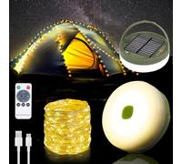 Yizhet Cadena de Luces para Camping Solar 2 in 1, 10M 100 Led Blanco Cálida, 8 Modos, Impermeable IPX4, Cargable por Solar y USB, Luz de Campamento Enrollable para Tienda de Campaña Acampar