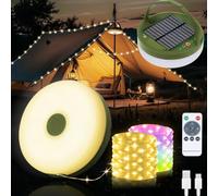 Yizhet Cadena de Luces para Camping Solar 2 in 1, 10M 100 Led Blanco Cálida y Colorido, 8 Modos, Impermeable IPX4, Cargable por Solar y USB, Luz de Campamento Enrollable para Campaña Acampar