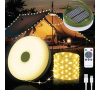 Yizhet Cadena de Luces para Camping Solar 2 in 1, 22M 200 Led Blanco Cálida Enrollable, 9 Modos, con Mando, Cargable USB y Solar, Impermeable IPX4 para Tienda de Campaña Acampar Jardín