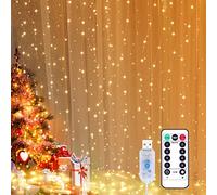 Yizhet Cortina de Luces 3m x 3m, 300 LED Luces Cortina Navidad por USB, Blanca Cálido, 8 Modos con Mando, Timer, Impermeable IP65 para Ventana, Habitación, Navideño, Fiestas, Bodas