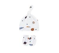 YIZITU 1 juego de gorros de bebé transpirables de color sólido/impreso con guantes a prueba de arañazos a juego unisex de algodón y protector de manos, Planeta azul, Talla única