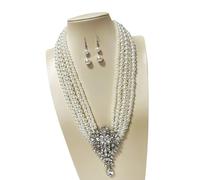 YIZITU Elegant Multi Strands Faux Pearls Necklace Earring Set Crystal Embellished Luxurious Styles Special Occasion Jewelry Sparkling Pearls Jewelry Set With Diamonds