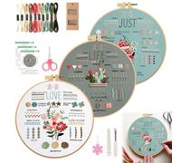 YIZWINS Juego de Bordado para Principiantes y Adultos - 3 Kits de Flores y Plantas Con 2 Marcos de Bambú, Instrucciones y Herramientas