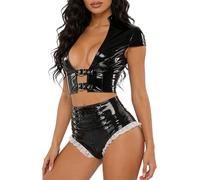 YiZYiF Mujer Vinilo Elástico Metálico Brillante Hollow Out Conjuntos Latex Conjunto Coordinado Club Nocturno Uniforme Negro XL