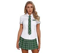 YiZYiF Sexy Disfraz Colegiala Mujer Uniforme Escolar Chica Cmiasa Blanca y Falda Corta Plisada Traje Colegio Adultos Lencería Ropa Erótica Picardias Talla S-3XL Verde L
