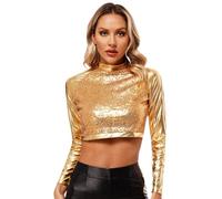 YiZYiF Top Corto Metálico para Mujer Manga Larga Chaleco de Danza Fiesta Camiseta de Moderna Jazz Tank Top para Discoteca Disfraz de Baile Dorado M