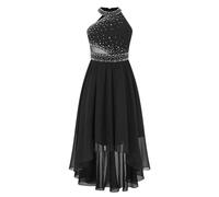 YiZYiF Vestido Fiesta Ceremonia Niñas Vestido Princesa Comunión Midi Vestido Sin Mangas Cuello con Diamantes Traje Elegante Dama de Honor 4-14 Años Negro A 11-12 años