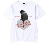 YIZZZFA Damiano David Born with a Broken Heart 2025 Camiseta De Manga Corta, Unisex T-Shirt, Cuello Redondo Informal, Estampado, Alla Moda Da Strada,Blanca,L