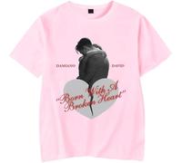 YIZZZFA Damiano David Born with a Broken Heart 2025 Camiseta De Manga Corta, Unisex T-Shirt, Cuello Redondo Informal, Estampado, Alla Moda Da Strada,Rosado,XS