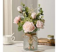 YJ Flores falsas con jarrón, ramo de rosas artificiales de seda, arreglos florales sintéticos, decoración de mesa de granja, decoración de mesa de café (rosa)