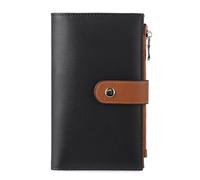 YJ-NEFELI Cartera de piel para mujer con RFID para tarjetas de crédito, triple pliegue, monedero de tamaño mediano con soporte para bolígrafo, Negro Y Marrón, 6.5''x 4.2''x 1.4'', Casual