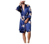 YJLX Bata para hombre de seda ligera - Albornoz corto de satén para hombre, bata de sauna kimono túnica de manga larga, pijamas de noche de raso, camisón de casa, regalos para hombres, azul, XXL