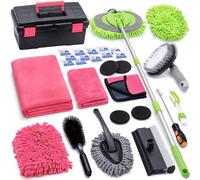 YJUSMAK 28Pcs Car Cleaning Kit Pink - Car Wash Brush with Long Handle Car Washing Mop, Car Detailing Kit for Cars, Trucks, SUVs, Jeeps