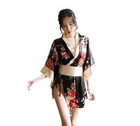 YJZQ Conjunto de lencería sexy para mujer, lencería japonesa, vestido con estampado de geisha, cosplay, ropa interior, albornoz corto con cinturón, kimono sexy, cuello en V, seda, satén, kimonos de