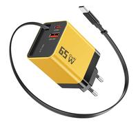 YKEJCLD Cargador USB C de 65 W GaN con cable de carga retráctil (0,7 m), cargador rápido de 3 puertos, compatible con MacBook Pro/Air, iPhone 17 Pro/Air/16/15, iPad, Galaxy S25/S24, Steam Deck, etc