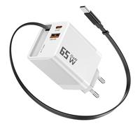 YKEJCLD Cargador USB C GaN 65W con cable de carga retráctil (0.7m) 3 puertos, compatible con MacBook Pro/Air, iPhone 17 Pro/Air/16/15, iPad, Galaxy S25/S24, Steam Deck etc (blanco)