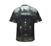 YKJJFVZ Camisa hawaiana con estampado de mansiones embrujadas para hombre, esencial para vacaciones en la playa tropical, perfecta para verano y cruceros, Negro -, Large