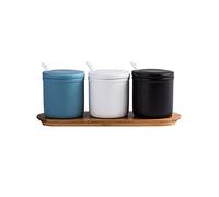YKMYXZ azucarero, Tarros for especias, caja de condimentos, azucareros cerámica mate, recipientes for, salero con tapa, cuchara y bandeja (juego 3)