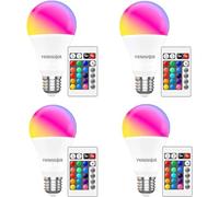 YKNAWOIR - Bombilla LED RGB de 9 W A19 6500 K, color blanco, E27/E26, paquete de 4, control remoto, cambio de color, regulable, ligera