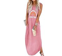 Ykomow Vestido largo de primavera y verano con diseño de arcoíris para mujer, sin mangas, con gráfico para la playa, rosa, L