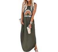 Ykomow Vestido largo de primavera y verano Good Vibes Rainbow para mujer, sin mangas, con gráficos, para playa, verde, S