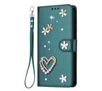 YKTO Carcasa para ASUS Zenfone 12 Ultra PU Piel Sintética con Pedrería en Forma de Corazón, Ranuras para Tarjetas, Cierre Magnético, a Prueba de Golpes, Correa de Mano,Verde