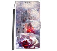 YKTO Funda para OPPO A16 Protectora Piel Case Carcasa Patrón Pintado Caja del Teléfono Billetera Protector Ranuras de Tarjeta y Plegable,Paisaje nevado Rosas del Castillo